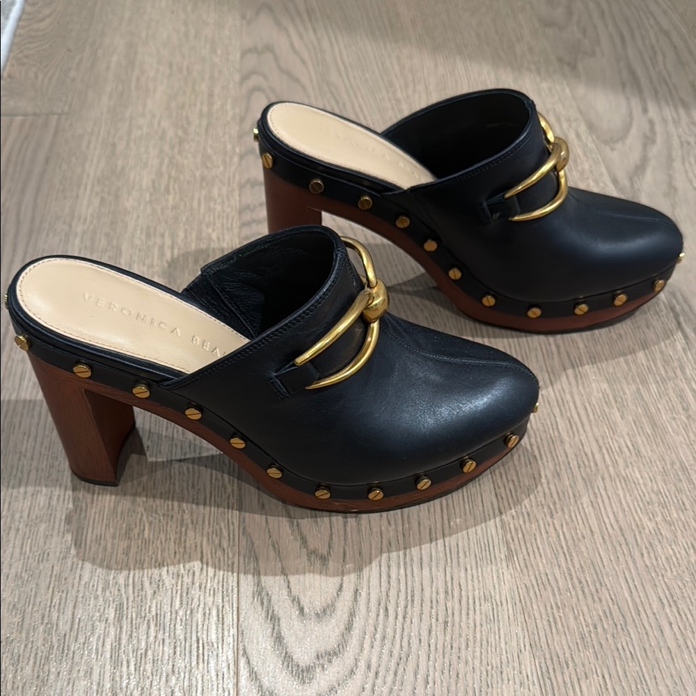Veronica Beard Black Leather Clogs
